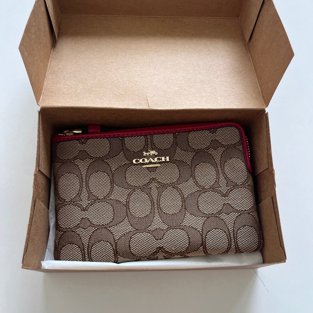 COACH Corner Zip Wristlet in Signature Canvas Khaki True Red